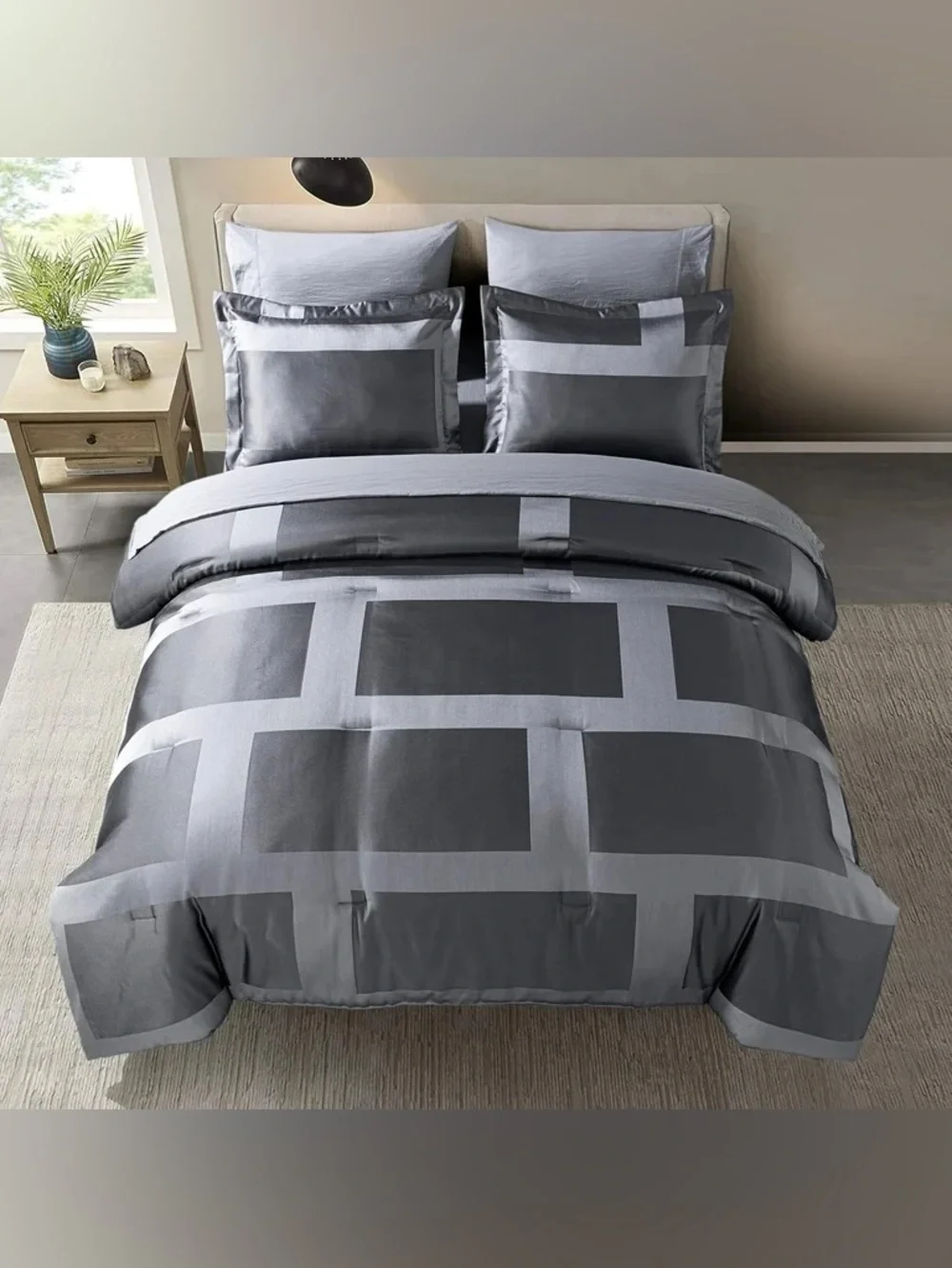 Luxury Geometric Gray Satin cal king 3 piece Comforter Set